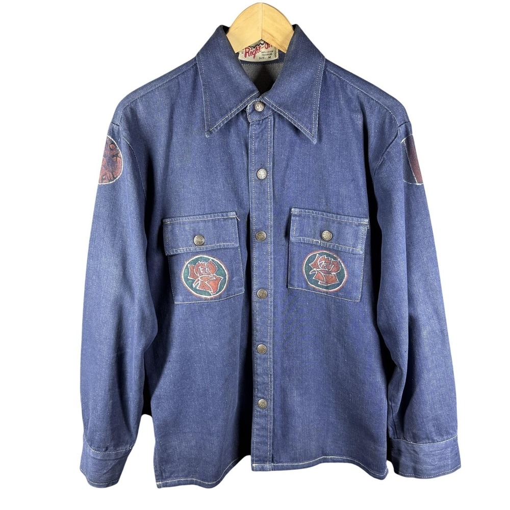 Right-On Denim Shirt Men M Blue Vintage Rose Patches‎ Black Is Beautiful Vintage